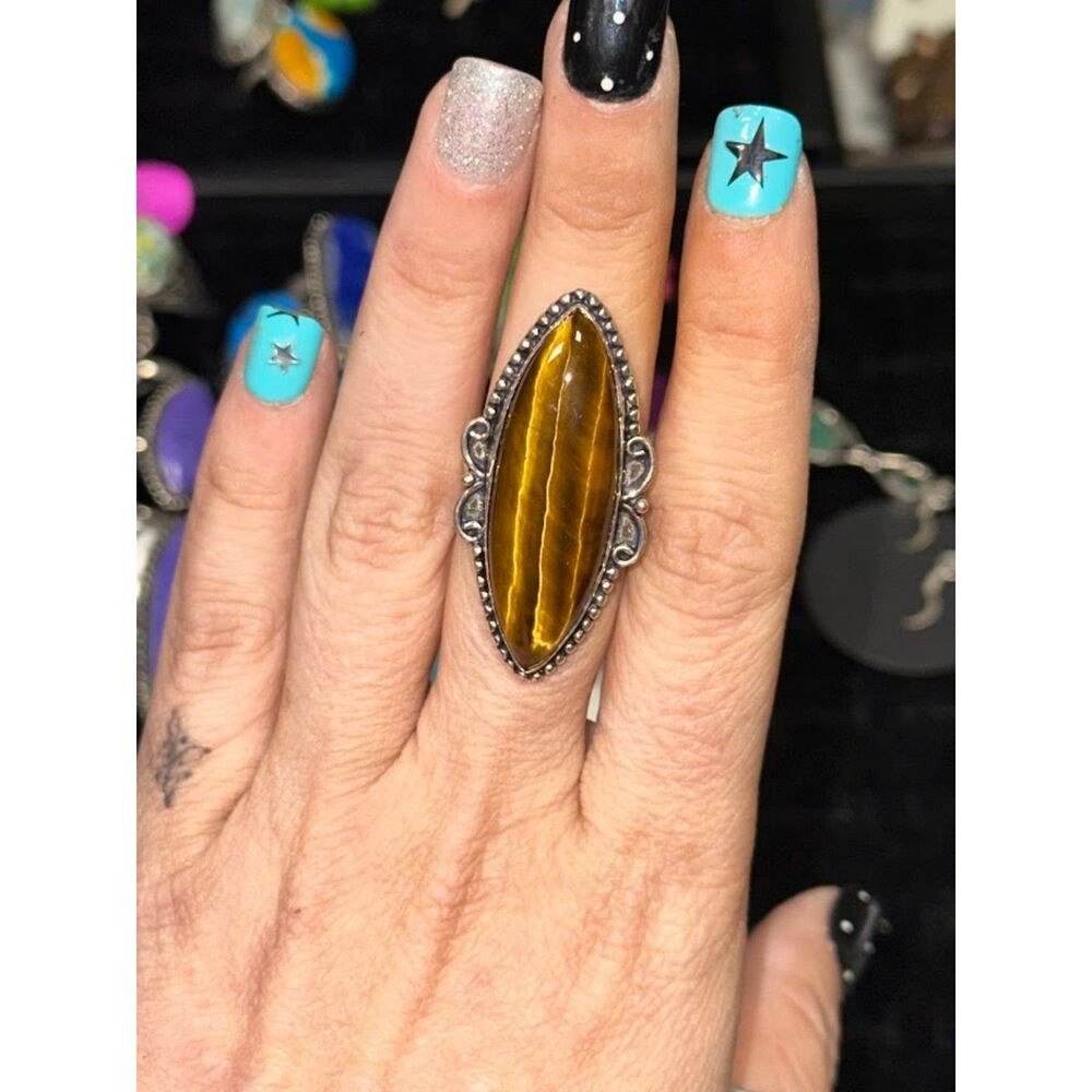 Oval Tigers Eye Sterling Silver Overlay Ring Size 8